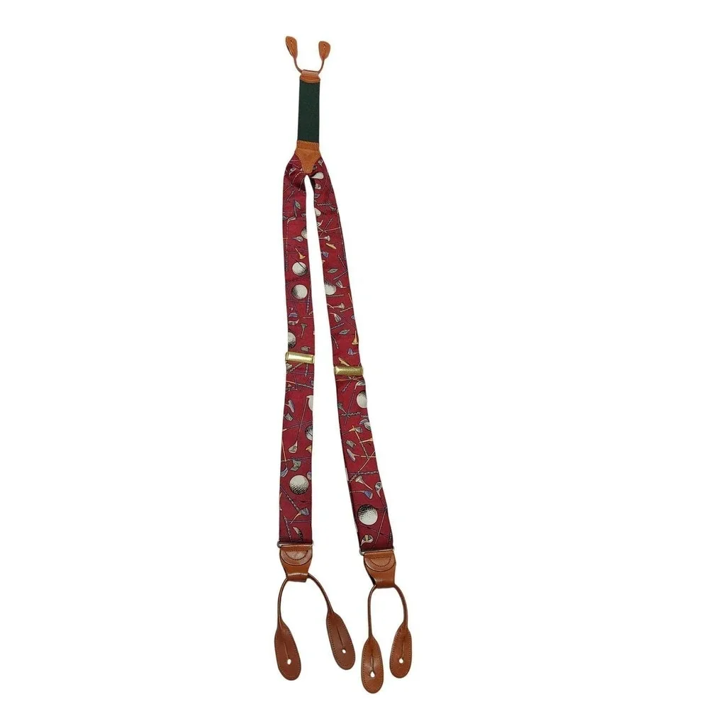 Polo Ralph Lauren Golf Motif Silk Embroidered‎ Suspenders Leather Heritage VTG